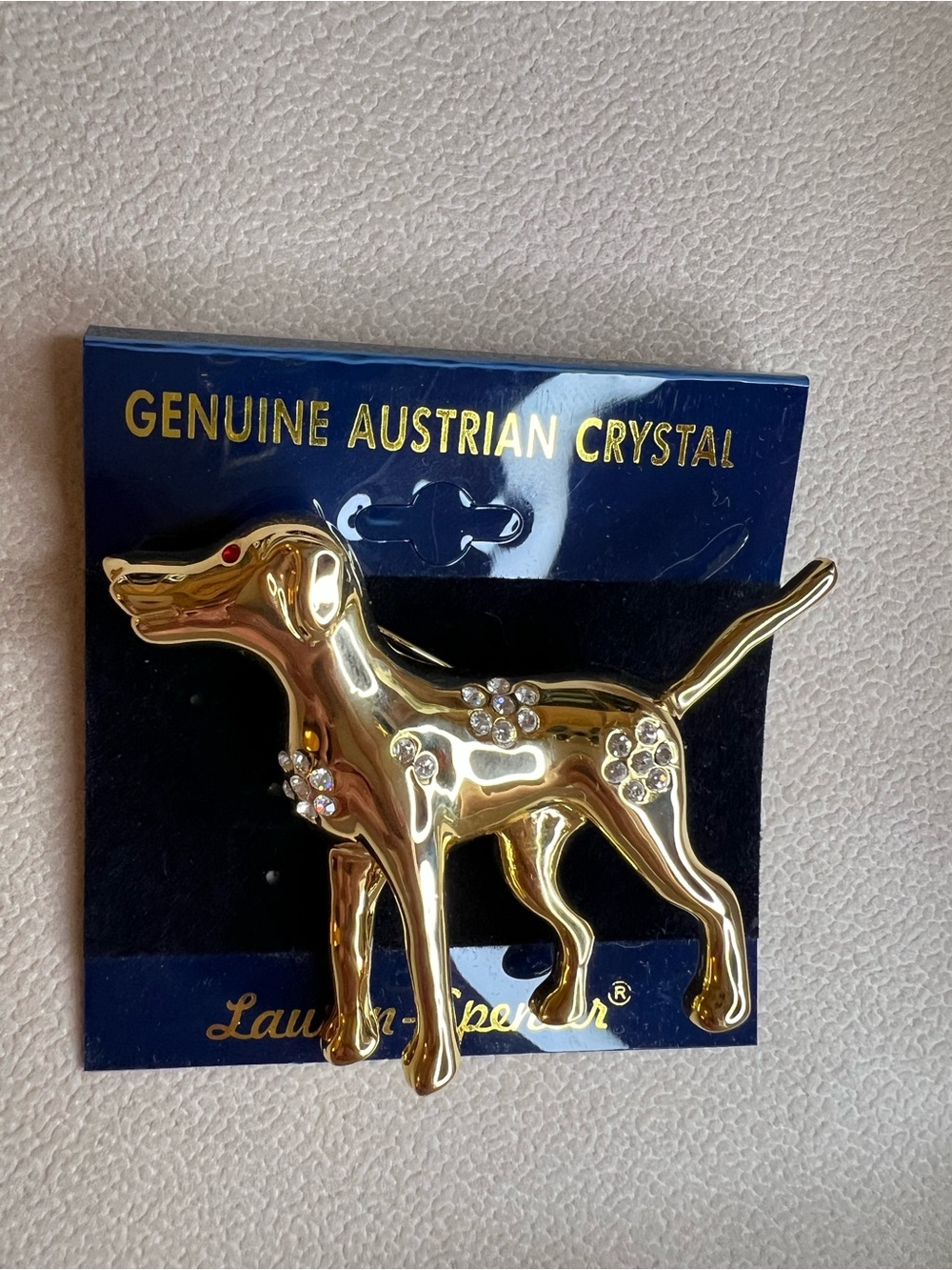Gold Dog Brooch with Genuine Austrian Crystals Vintage New Old Stock